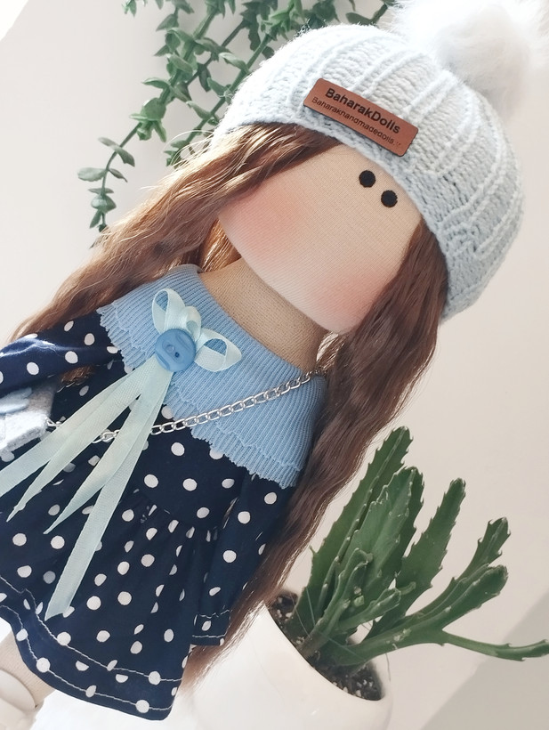 💙عروسک روسی دخترانه 30سانتی سرچرخشی(پیراهن خالدار سورمه ای)🩵(ارسال رایگان)