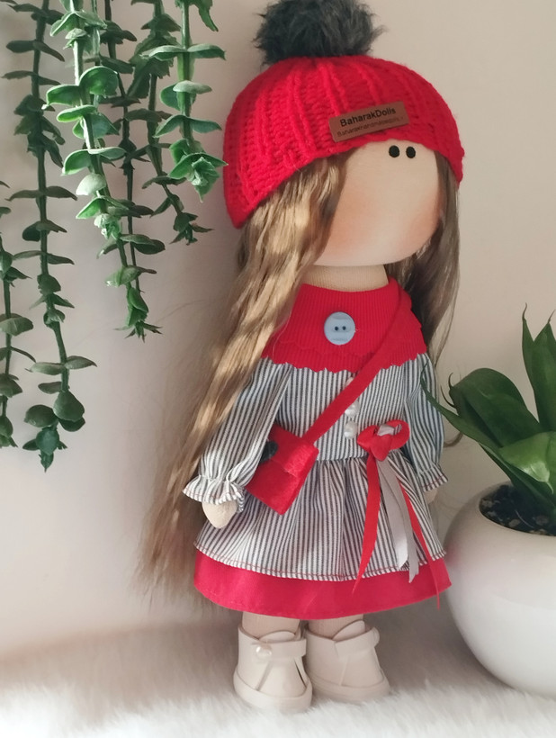 ❤️عروسک روسی دخترانه30سانتی سرچرخشی مدل پیراهن طوسی راه راه و قرمز🩶(ارسال رایگان)