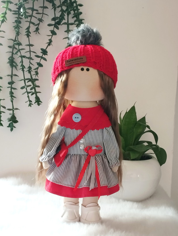 ❤️عروسک روسی دخترانه30سانتی سرچرخشی مدل پیراهن طوسی راه راه و قرمز🩶(ارسال رایگان)