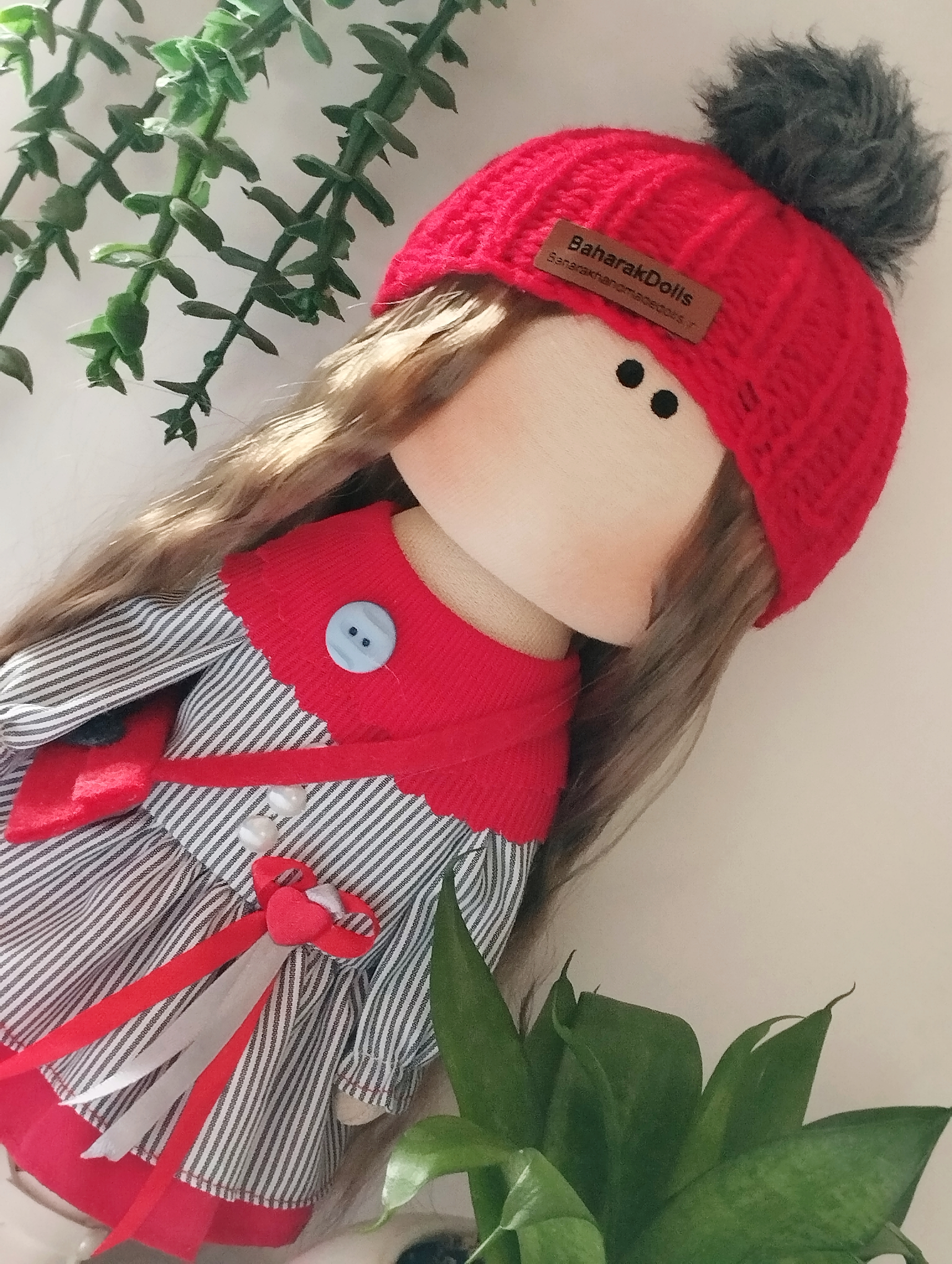 ❤️عروسک روسی دخترانه30سانتی سرچرخشی مدل پیراهن طوسی راه راه و قرمز🩶(ارسال رایگان)